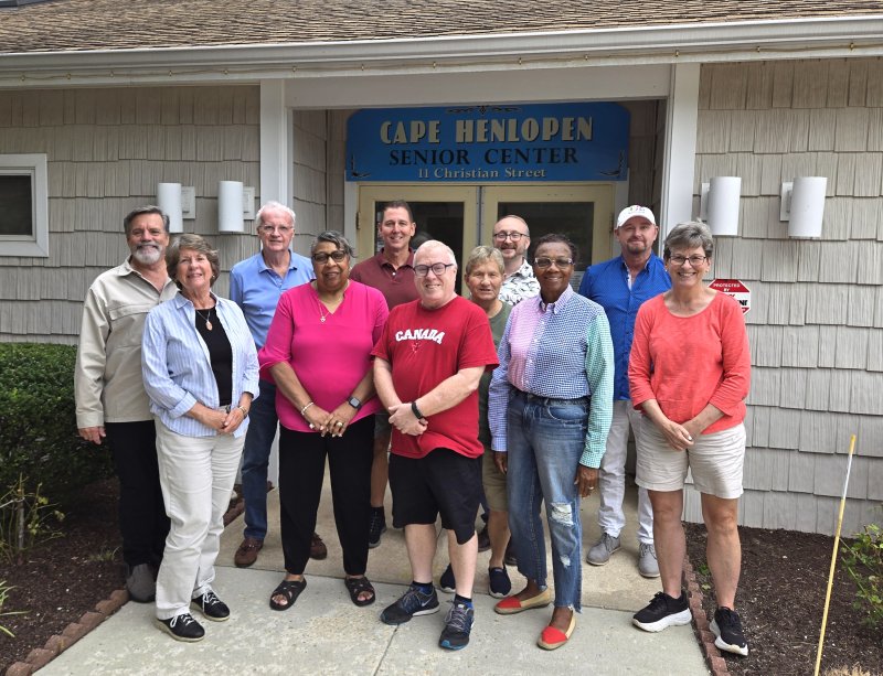 An informal group has been formed to help facilitate a move for the Cape Henlopen Senior Center to Hebron Road. The hope is by helping move the senior center, it would then facilitate a move for Clear Space Theatre Company. Shown are (l-r) Cape Henlopen Senior Center Board President Greg Murphy, Rehoboth Beach Main Street board member Cindy Lovett, Commissioner Mark Saunders, Cape Henlopen Senior Center Executive Director Linda Bonville, property owner Ron Bowman, Rehoboth Beach Main Street board member and Cape Henlopen Senior Center board member Frank Gainer, Cape Henlopen Senior Center board member Gloria Walls, Clear Space Theatre Co. Managing Director Joe Gfaller, Cape Henlopen Senior Center Board member Brenda Millbourne, Rehoboth Beach Main Street Executive Director Dan Slagle and Rehoboth Beach Main Street volunteer Carolyn Diefenderfer. CHRIS FLOOD PHOTOS